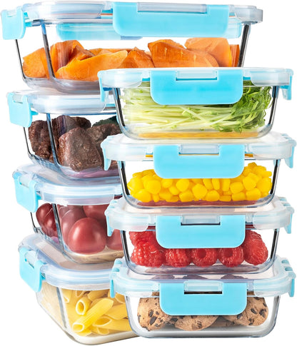 16PCS (8 Bowls + 8 Lids) High Borosilicate Glass Meal Prep Containers, Food Storage Containers with Airtight Lids, Glass Lunch Bento Boxes,Dishwasher Safe, blue