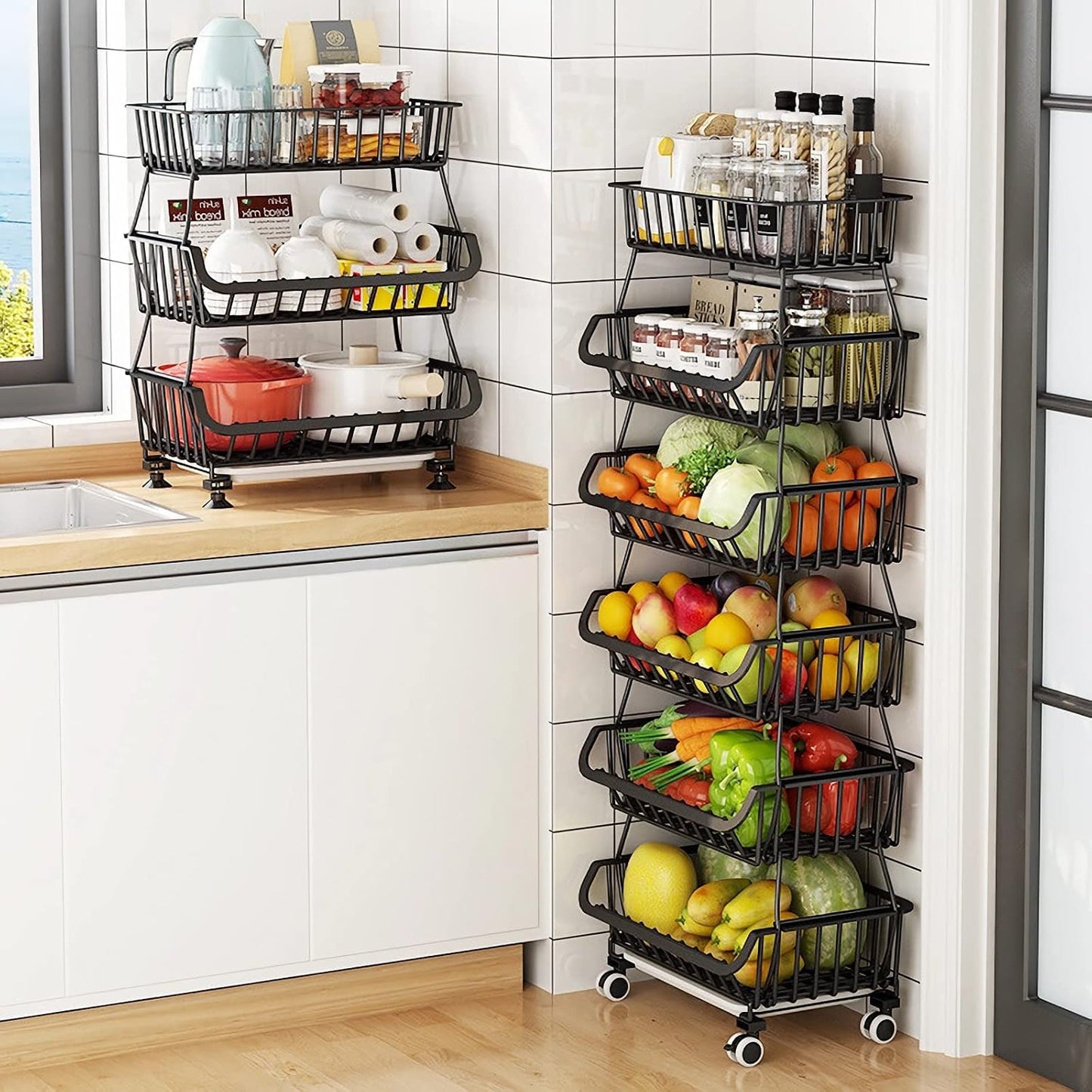 MURRI&MURRDI Fruit Vegetable Storage Basket with Wooden Lid, 6 Tier Stackable Wire Kitchen Cart with Wheels, Tall Produce Snack Racks Display, Narrow Rolling Cart for Pantry Onion Potato, Black