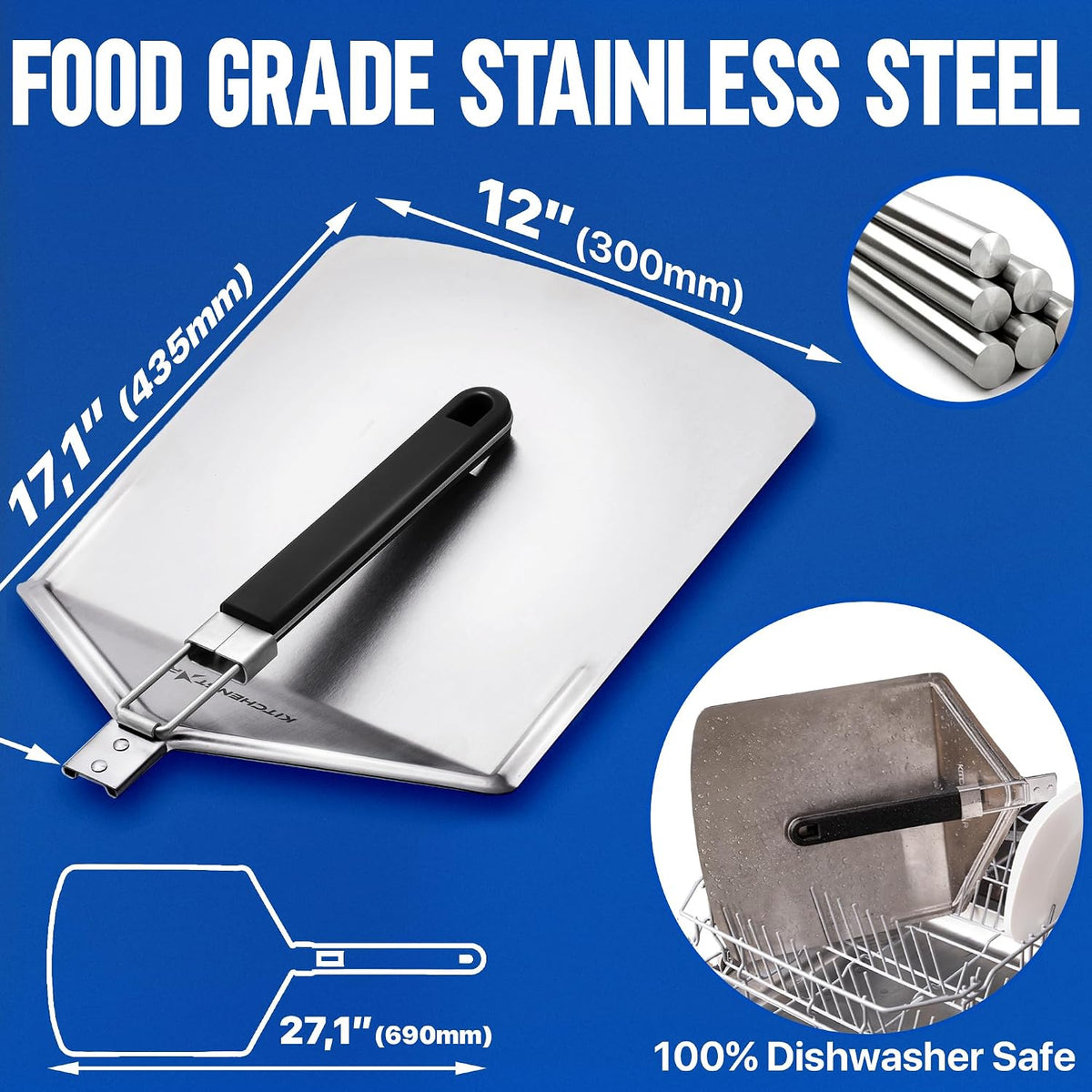 12-Inch Stainless Steel Pizza Peel with Folding Handle, Silver Non-Perf