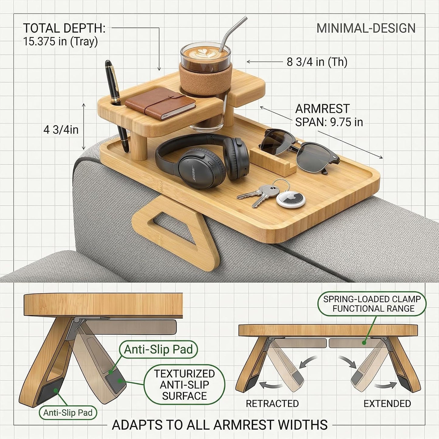 Premium Bamboo Sofa Arm Tray with 360° Swivel Lid & Phone Holder | 3-in-1 Couch Armrest Table with Hidden Storage for Drinks, Snacks, Remote (lid)