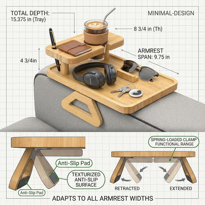 Premium Bamboo Sofa Arm Tray with 360° Swivel Lid & Phone Holder | 3-in-1 Couch Armrest Table with Hidden Storage for Drinks, Snacks, Remote (lid)