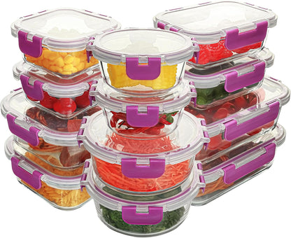 12 Pack Glass Food Storage Containers Set, Glass Meal Prep Containers with Lids, Airtight Lunch Containers, Dishwasher Safe, purple