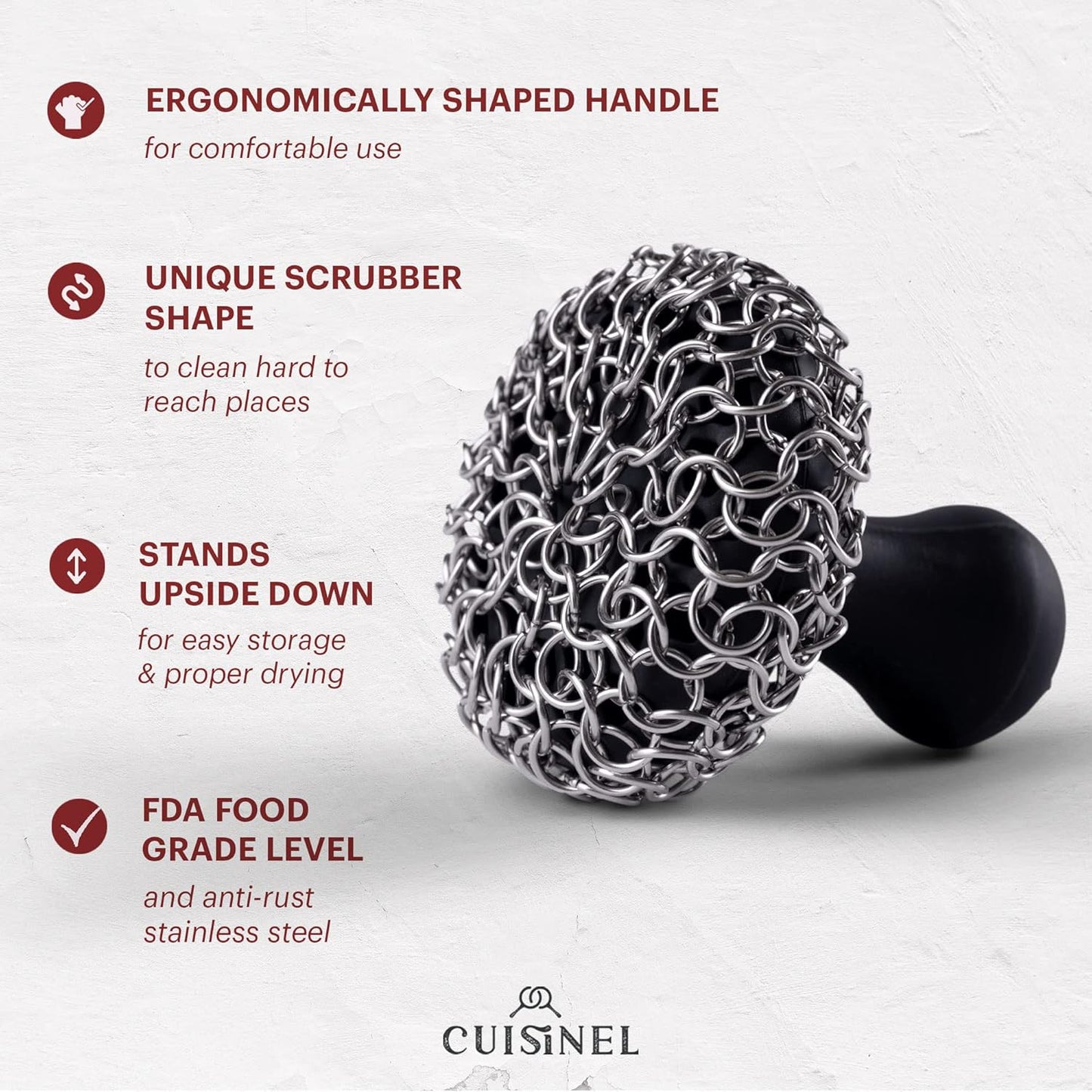 Cuisinel Cast Iron Scrubber Cleaning Brush + Pan/Grill Scraper - Skillet and Grill Cleaner Kit - Soft-Touch Confident-Grip Dish Scrub Tool - Tough on Grease, Gentle on Metal and Non-Stick Cookware