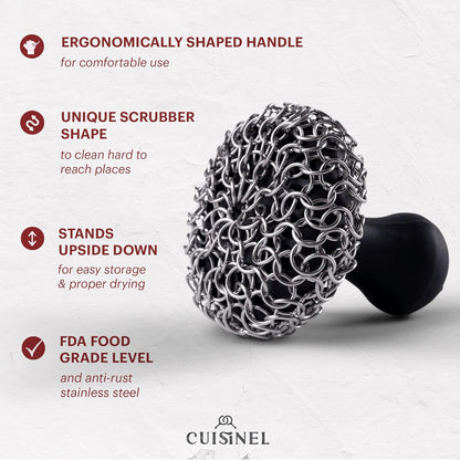 Cuisinel Cast Iron Scrubber Cleaning Brush + Pan/Grill Scraper - Skillet and Grill Cleaner Kit - Soft-Touch Confident-Grip Dish Scrub Tool - Tough on Grease, Gentle on Metal and Non-Stick Cookware