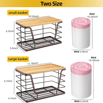 ALOCEO 2 Pack Stackable Wire Storage Basket with Bamboo Lid, Trash Bag Dispenser Under Sink for 4-13 Gal Bags, Kitchen Storage Bins for Potato and Onion, Brown