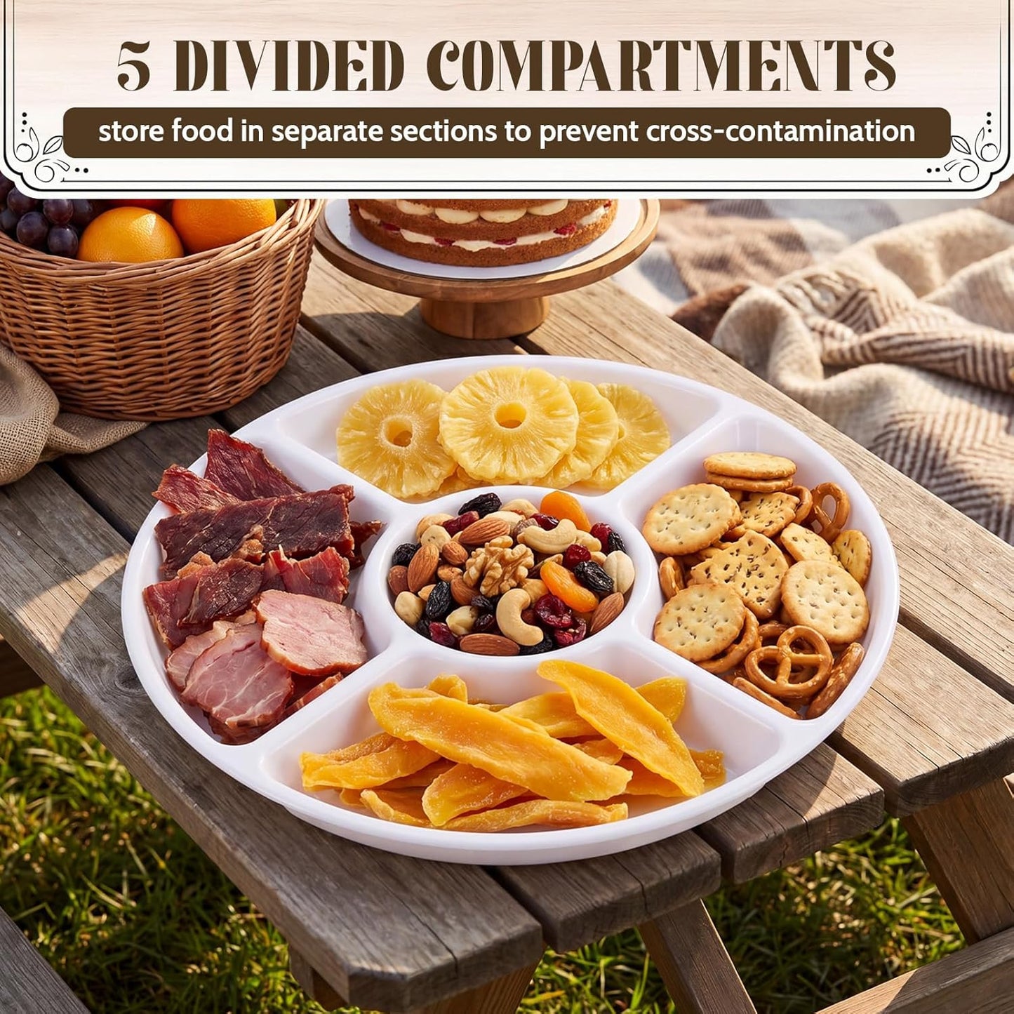 24 Pcs 5 Sectional Plastic Divided Serving Trays Bulk 12 Inch Round Chip and Dip Plates Fruit Veggie Appetizer Platter Snack Tray for Holiday Party Family Gathering(Black)