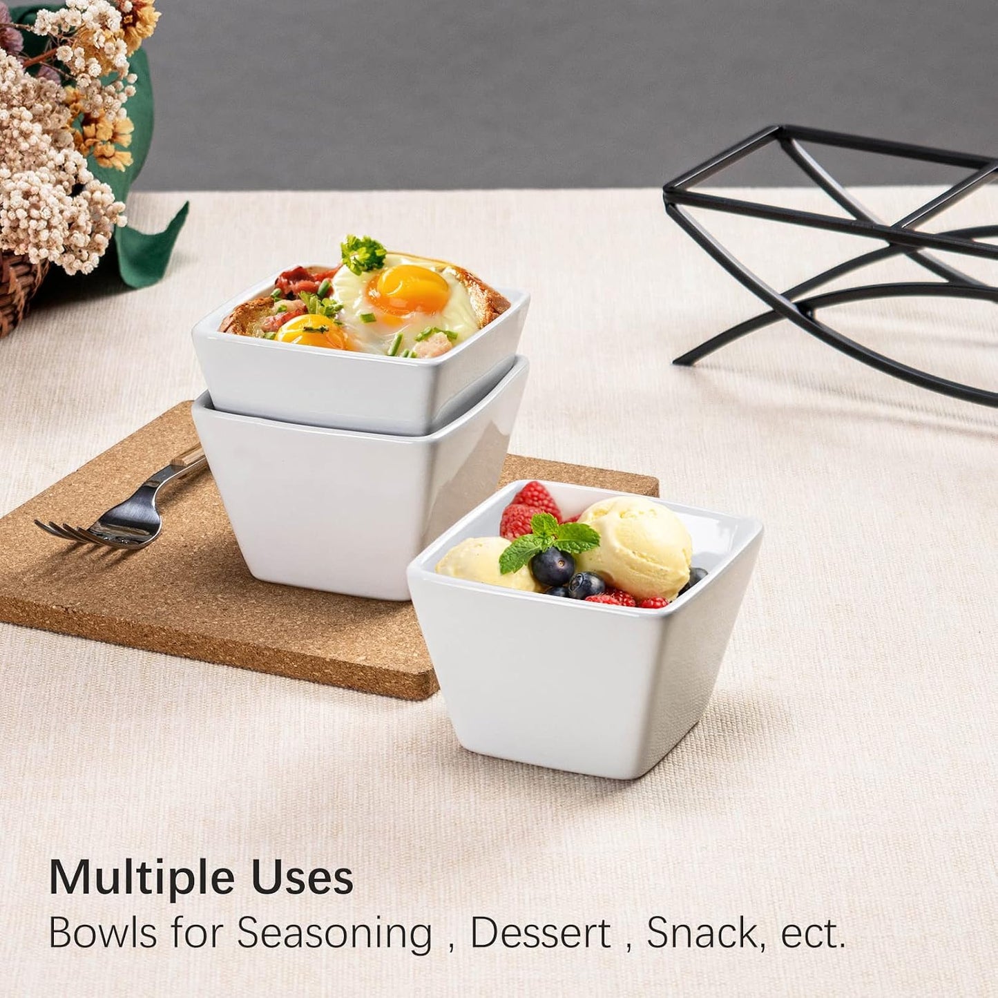UNICASA Serving Bowls Set, 2 Tier Chip and Dip Bowls with Metal Rack Stand for Fruit, Salad, Candy, Snacks - Ceramic Tiered Appetizer Serving Dishes Food Display Stand for Parties, Kitchen