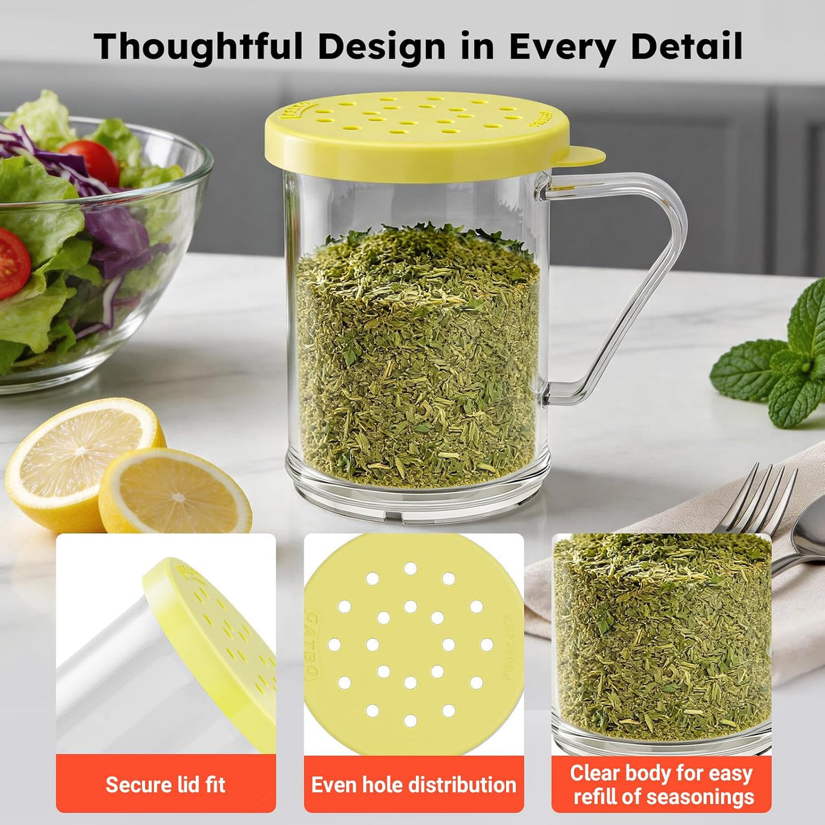 4-Pack Plastic Dredge Shaker Set, 10 oz Clear Flour & Sugar Dispensers with Handles, Commercial Seasoning Shakers for Powder, Spices & Herbs, 4 Bodies & 4 Lids with Different Hole Sizes