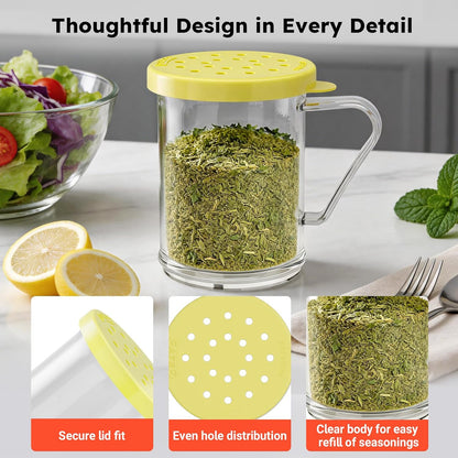 4-Pack Plastic Dredge Shaker Set, 10 oz Clear Flour & Sugar Dispensers with Handles, Commercial Seasoning Shakers for Powder, Spices & Herbs, 4 Bodies & 4 Lids with Different Hole Sizes