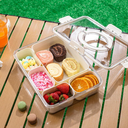Bandesun Divided Serving Tray with Lid and Handle - Snackle Box Charcuterie Container for Portable Snack Platters - Clear Organizer for Candy, Fruits, Snacks，Nuts - Perfect (Pack of 2)