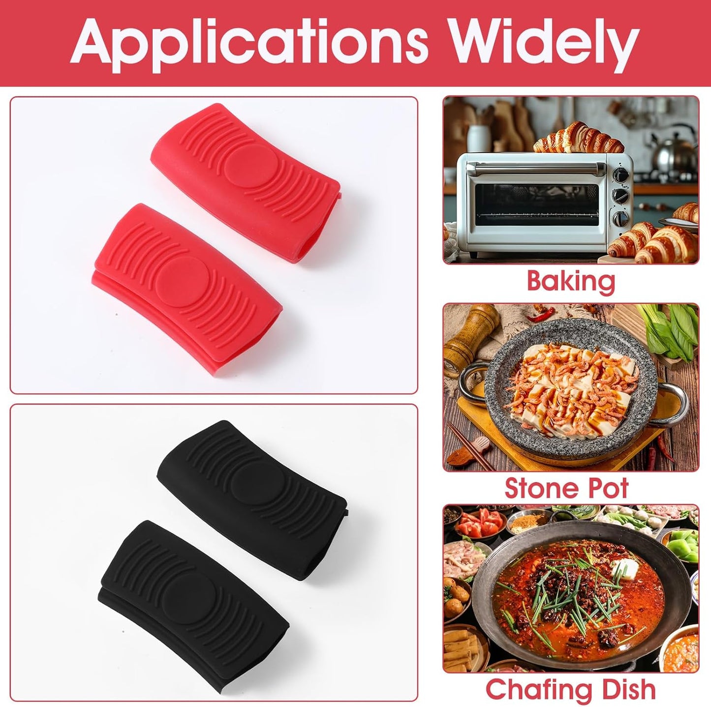 4 Pack Silicone Hot Handle Holder, Heat Resistant Silicone Pot Holders Non-Slip Pot Handle Holder Sleeve Grip Handles Cover Potholder for Cast Iron Metal Fry Pan Cookware Handles (Red, Black)