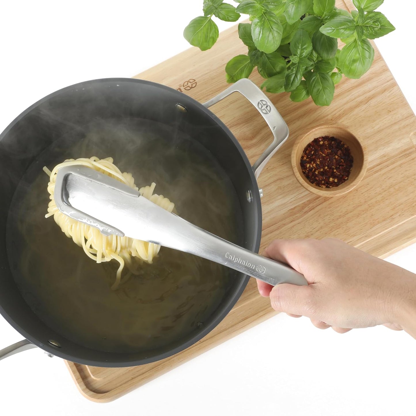 Calphalon Edge Tongs Set, 2-Piece Stainless Steel Kitchen Tongs Set with Silicone Heads, Includes 9-Inch & 12-Inch Heat-Resistant Locking Tongs for Cooking, Grilling & Serving, Taupe