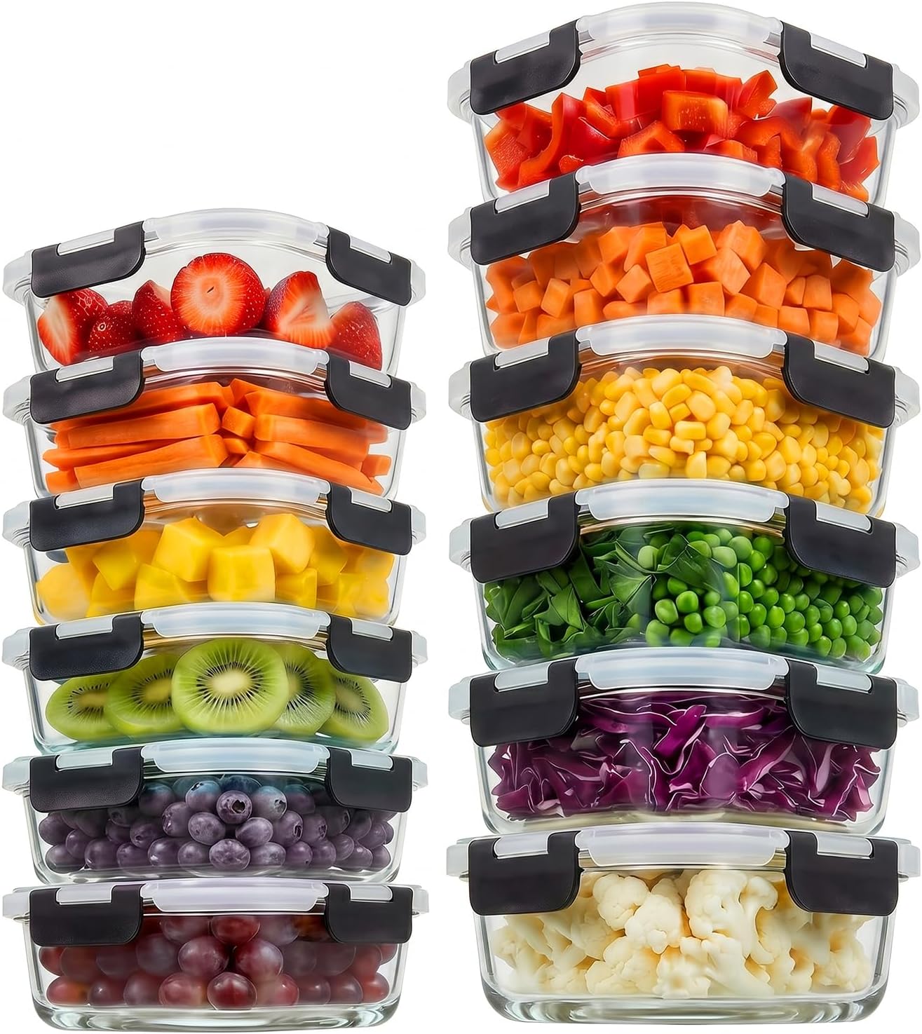 Konokyo Square Glass Food Storage Containers with Lids, 12 Pack Airtight Leakproof Meal Prep Containers, BPA-Free, Microwave Oven Freezer & Dishwasher Safe, Assorted Sizes