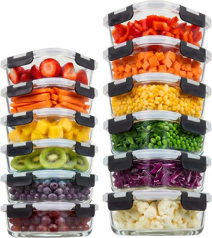Konokyo Square Glass Food Storage Containers with Lids, 12 Pack Airtight Leakproof Meal Prep Containers, BPA-Free, Microwave Oven Freezer & Dishwasher Safe, Assorted Sizes