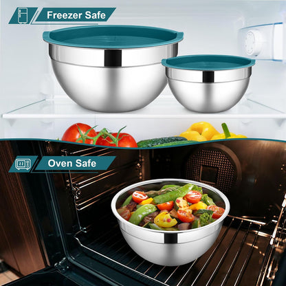 LIANYU Stainless Steel Mixing Bowls Sets of 6, Large 7, 3.5, 2.5, 2, 1.5, 1QT Size with Transparent Airtight Lids, Metal Nesting Serving Bowl Sets for Home Kitchen, Dishwasher & Freezer Safe, Black