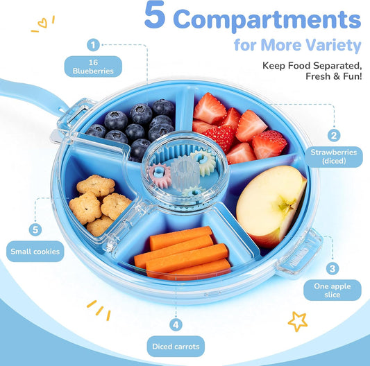 Kids Divided Snack Box with Hand Strap, Reusable 5-Compartment Kids Snack Container, BPA-Free Portable Candy & Nut Serving Platter for Travel, Parties, Picnics(Grey)