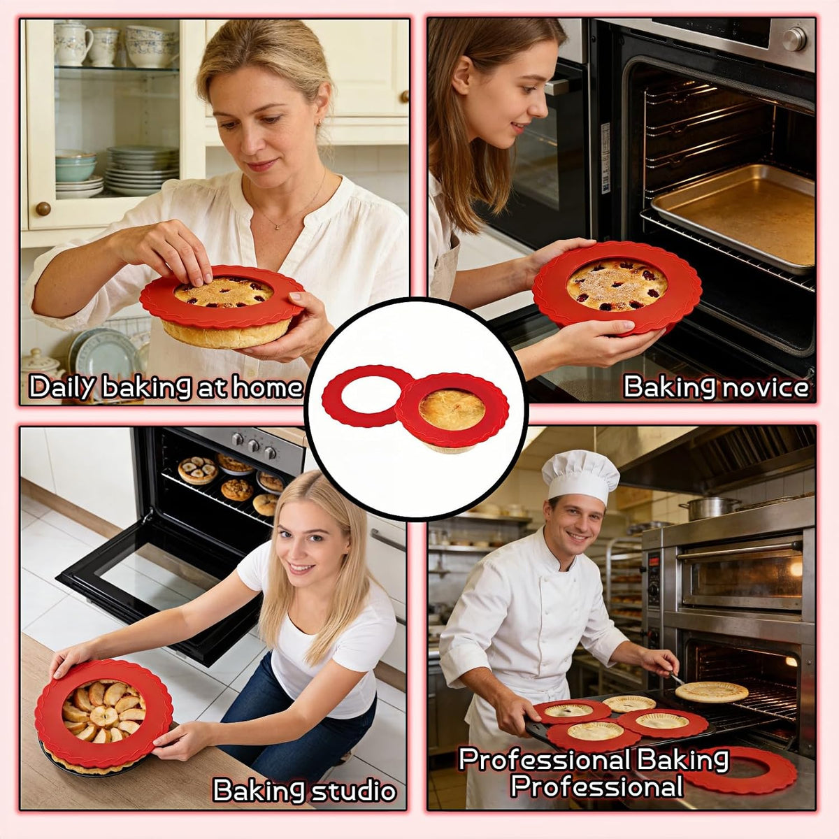Silicone Mini Pie Crust Protectors Set of 2 - Non-Stick Pie Shields for 5-6 Inch Pies, Prevents Over-Browning | Oven-Safe Baking Accessories (Red)