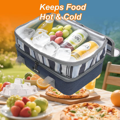 Double Decker Insulated Casserole Carrier, Expandable Thermal Food Warmer Bag Fits 9x13 Dish, Leak-Proof Potluck Lasagna Holder with Utensil Pocket for Picnic Party Cookout (Blue)