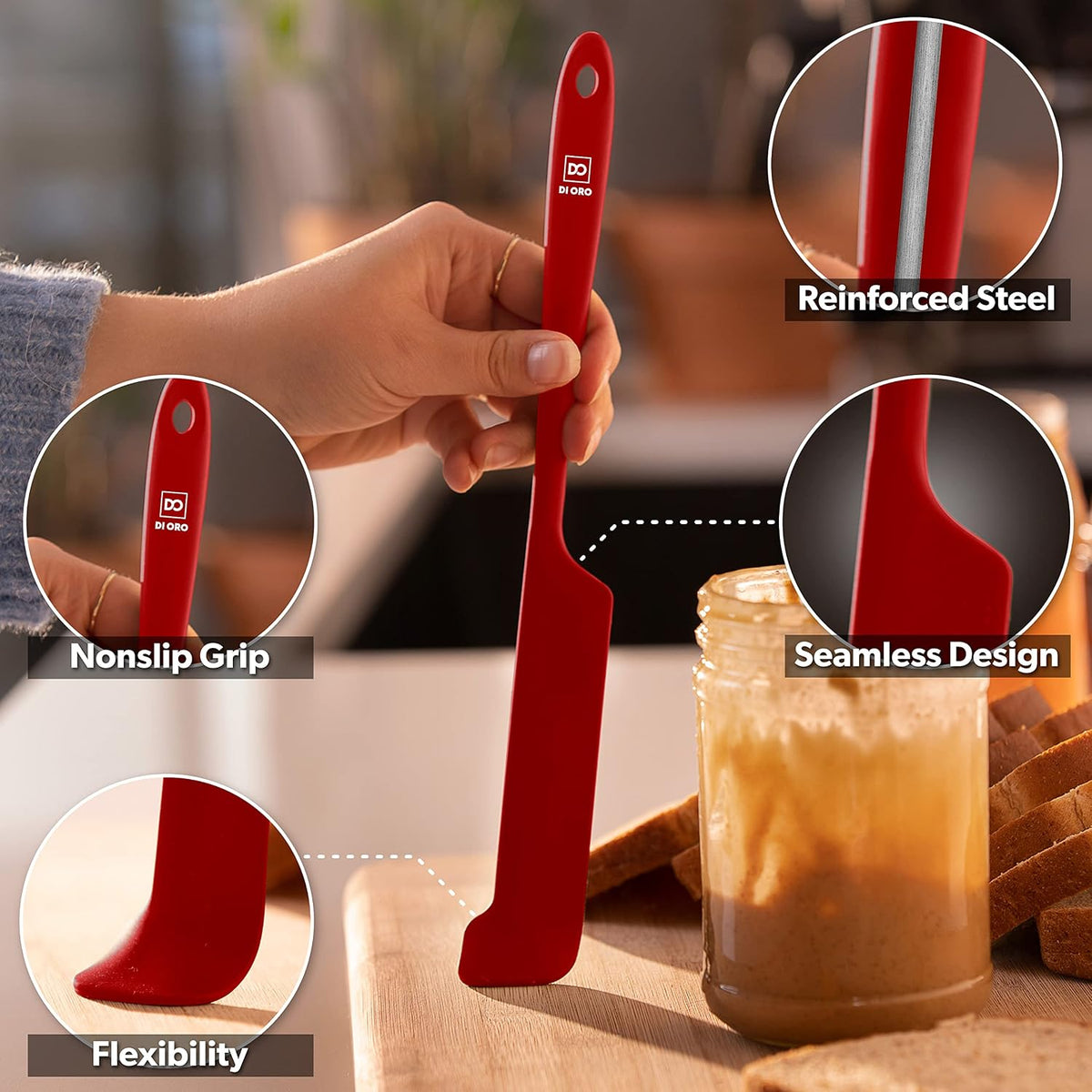 DI ORO Silicone Jar Spatula Set - 600F Heat Resistant, 5-Pc Red