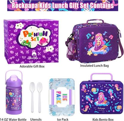 rockpapa Chill Kids Lunch Box Set with Leakproof 5.5 Cups Bento Box, Reusable Ice Pack, 14oz Insulated Water Bottle & Lunch Bag, BPA-Free Microwave Safe for School Boys Girls (Black Games)