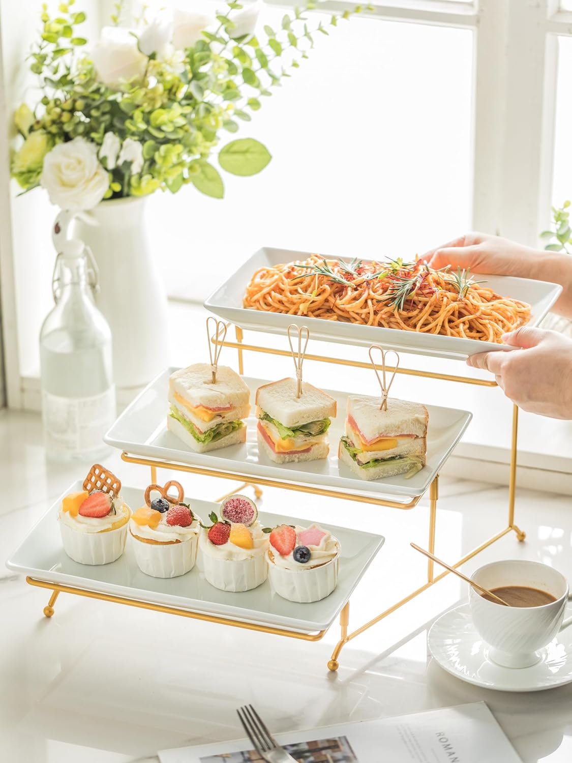 YHOSSEUN 3 Tier Serving Tray for Party, Tiered Serving Platters and Trays, 14 Inch Tiered Tray Stand, Dessert Stand, Serving Stand, Dessert Table Display Set with Collapsible Sturdier Metal Rack