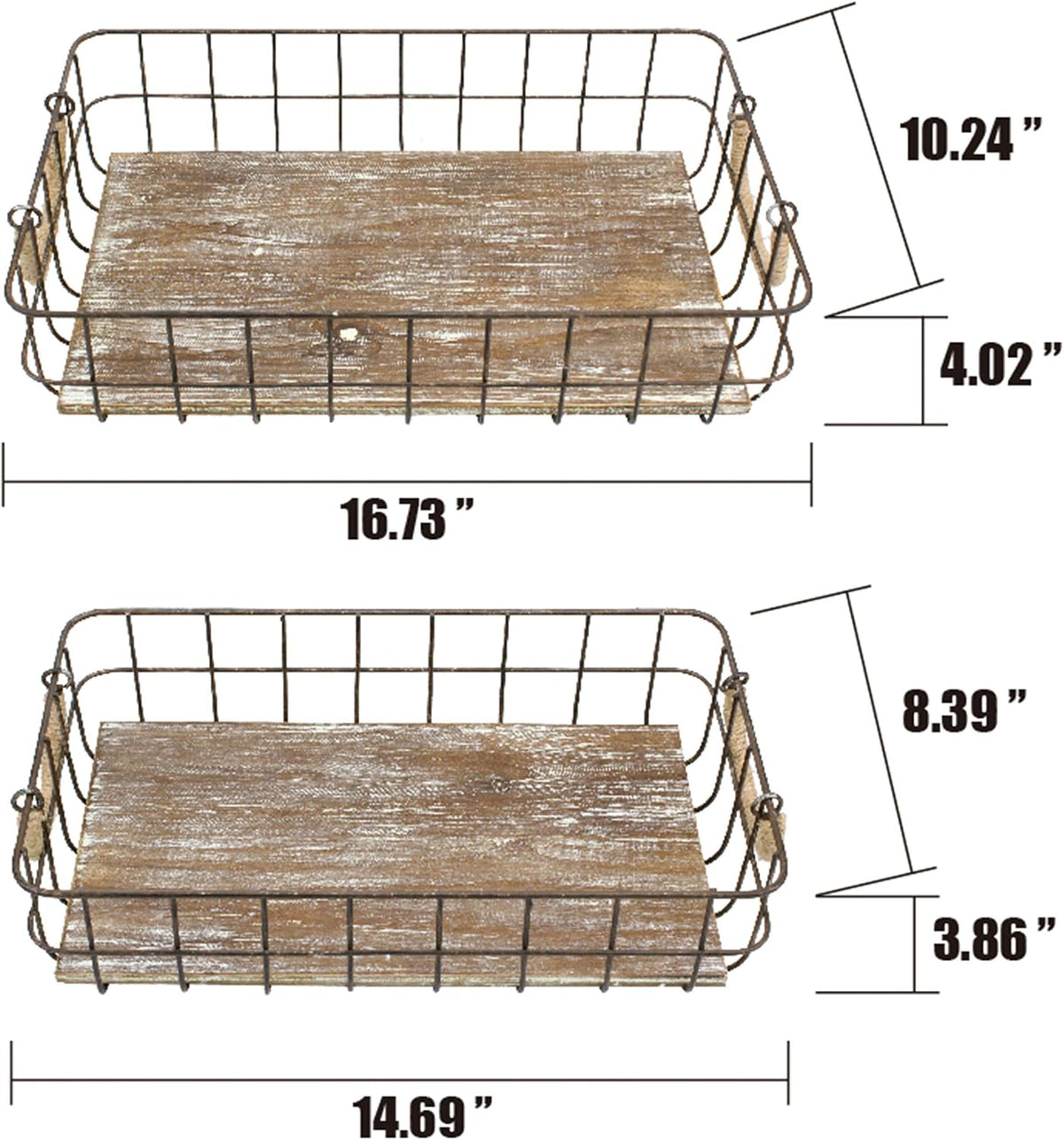 Stonebriar Stackable 2pc Rectangle Metal Wire and Wood Basket Set with Rope Wrapped Handles, Rustic Decor for Home Storage, Decorative Serving Baskets for Weddings, Birthdays, and Holiday Parties