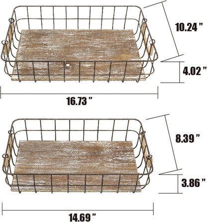 Stonebriar Stackable 2pc Rectangle Metal Wire and Wood Basket Set with Rope Wrapped Handles, Rustic Decor for Home Storage, Decorative Serving Baskets for Weddings, Birthdays, and Holiday Parties