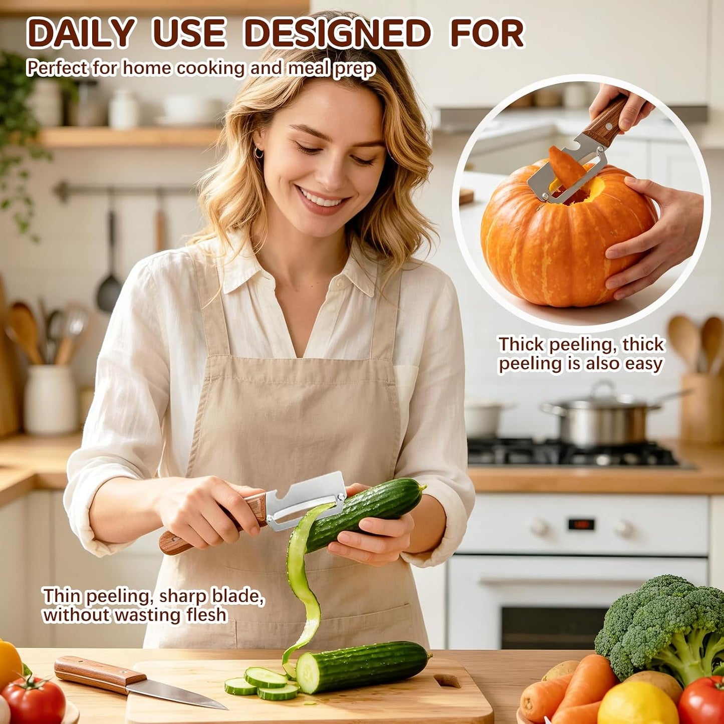 Left & Right Hand Vegetable Peeler Set with Scallion Slicer & Bottle Opener, Thickened Stainless Steel Wide Blade for Smooth Peeling, Wooden Handle Kitchen Peeler for Fruits & Vegetables