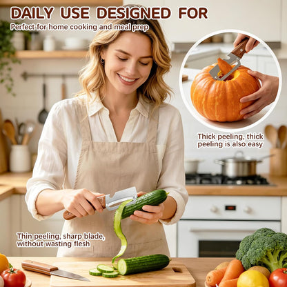 Left & Right Hand Vegetable Peeler Set with Scallion Slicer & Bottle Opener, Thickened Stainless Steel Wide Blade for Smooth Peeling, Wooden Handle Kitchen Peeler for Fruits & Vegetables