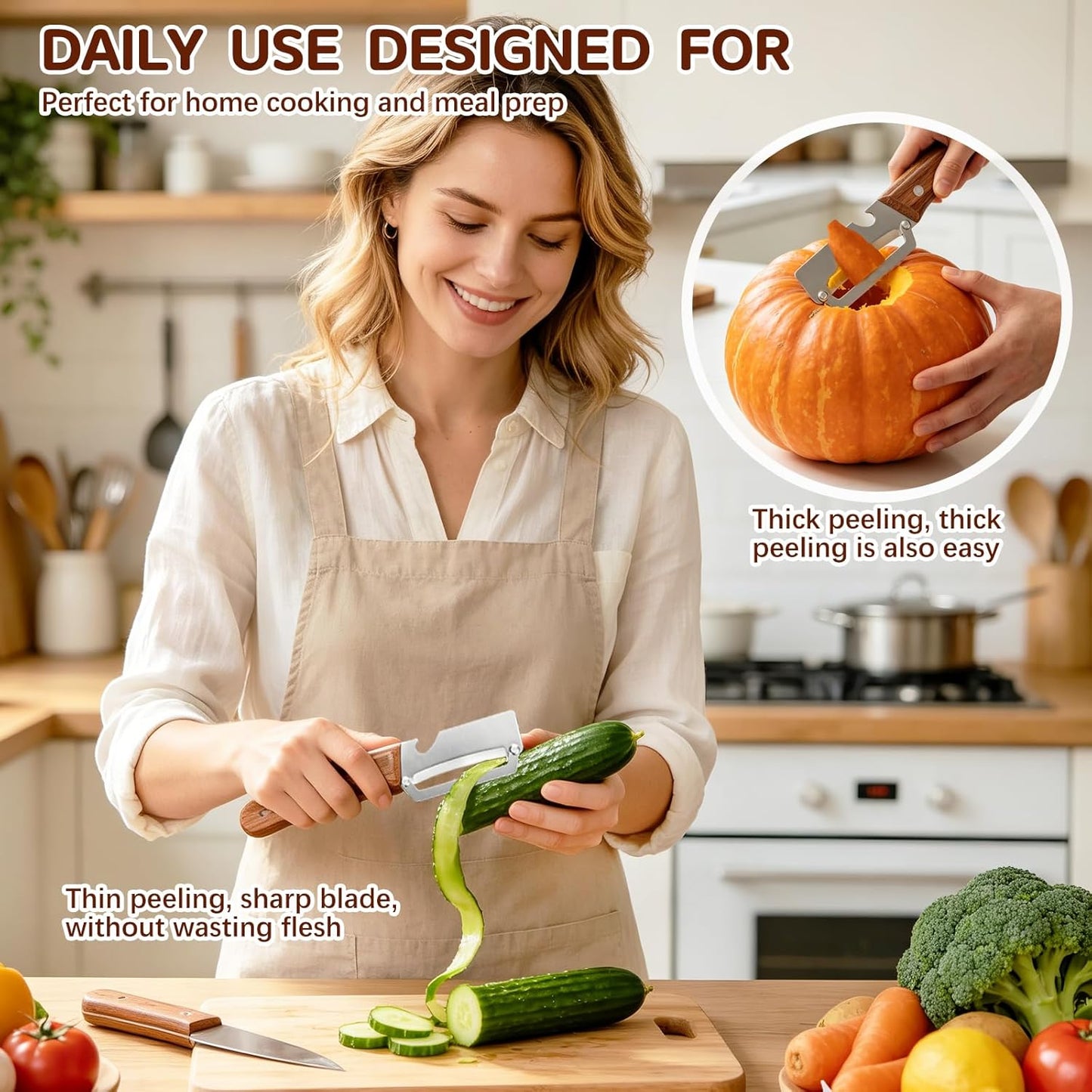 Left & Right Hand Vegetable Peeler Set with Scallion Slicer & Bottle Opener, Thickened Stainless Steel Wide Blade for Smooth Peeling, Wooden Handle Kitchen Peeler for Fruits & Vegetables