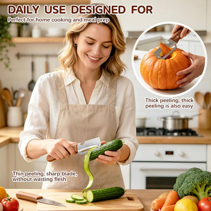 Left & Right Hand Vegetable Peeler Set with Scallion Slicer & Bottle Opener, Thickened Stainless Steel Wide Blade for Smooth Peeling, Wooden Handle Kitchen Peeler for Fruits & Vegetables