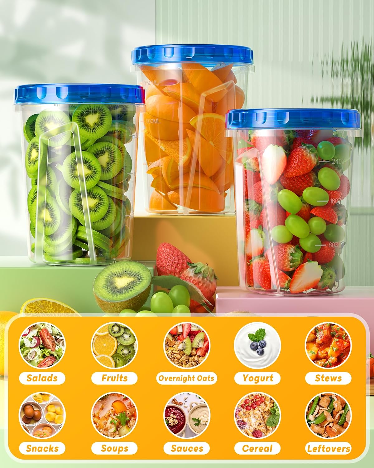 6 Pack-24 oz Freezer Storage Containers, Plastic Food Storage Containers with Twist Top Lids, BPA Free and Reusable Soup Containers with Lids, Leakproof/Microwave/Dishwasher Safe