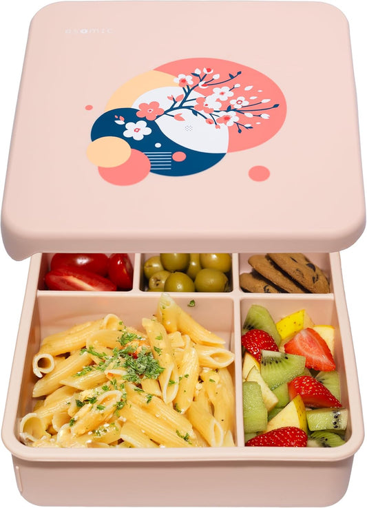 ASOMIC Large Silicone Bento Box, 5 Compartments, Leakproof Lunch Container, BPA-Free, Microwave & Dishwasher Safe, For Work, School & Travel (Ivory)