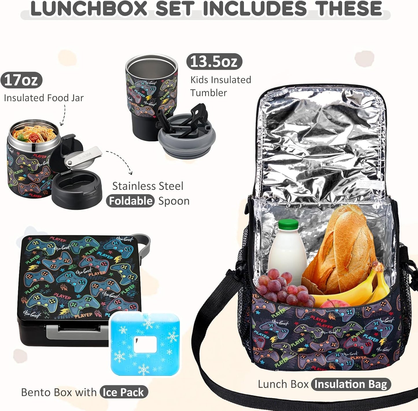 Pawtong Lunch Box Set with Bento Box Container, 17OZ Stainless Steel Food Soup Thermo, Kids Water Bottle & Portable Insulated Lunch Bag, Leakproof, Hot/Cold Retention for School, Travel (Purple-Horse)