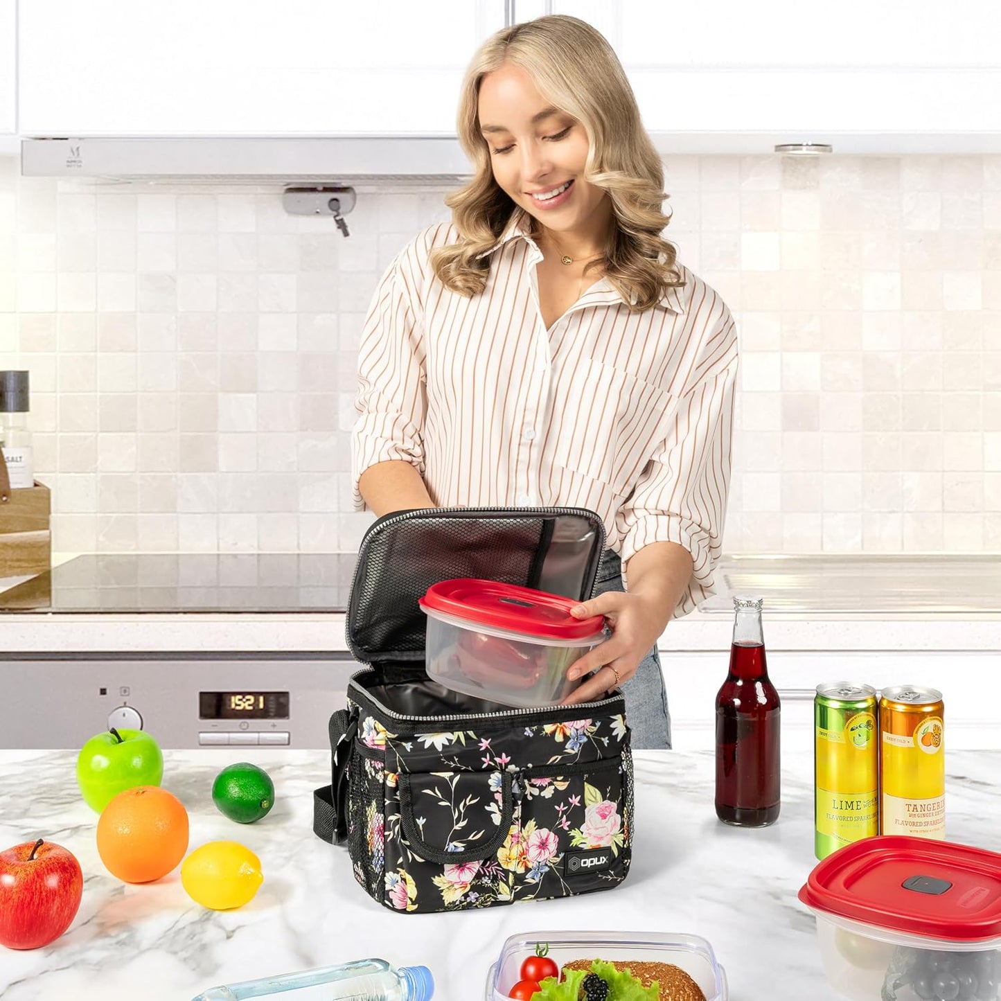 opux Insulated Lunch Bag for Men Women, Leakproof Black Lunch Box for Work, Portable Soft Lunch Cooler Bag with Shoulder Strap, Adult Lunchbox Lunch Pail for Kid Boy Girl School, 14 Can/8L