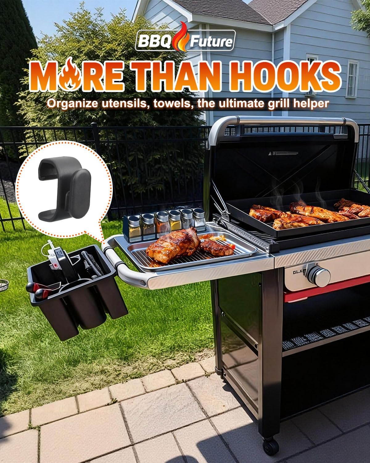 Organizer Kit for Weber Grills - Condiment Caddy, Garbage Bag Holder for Weber Slate Griddle and Spirit Series(2025 Models) Grills, 3400105 Grill Accessories for Works Side Rail, Barbecue Utensils
