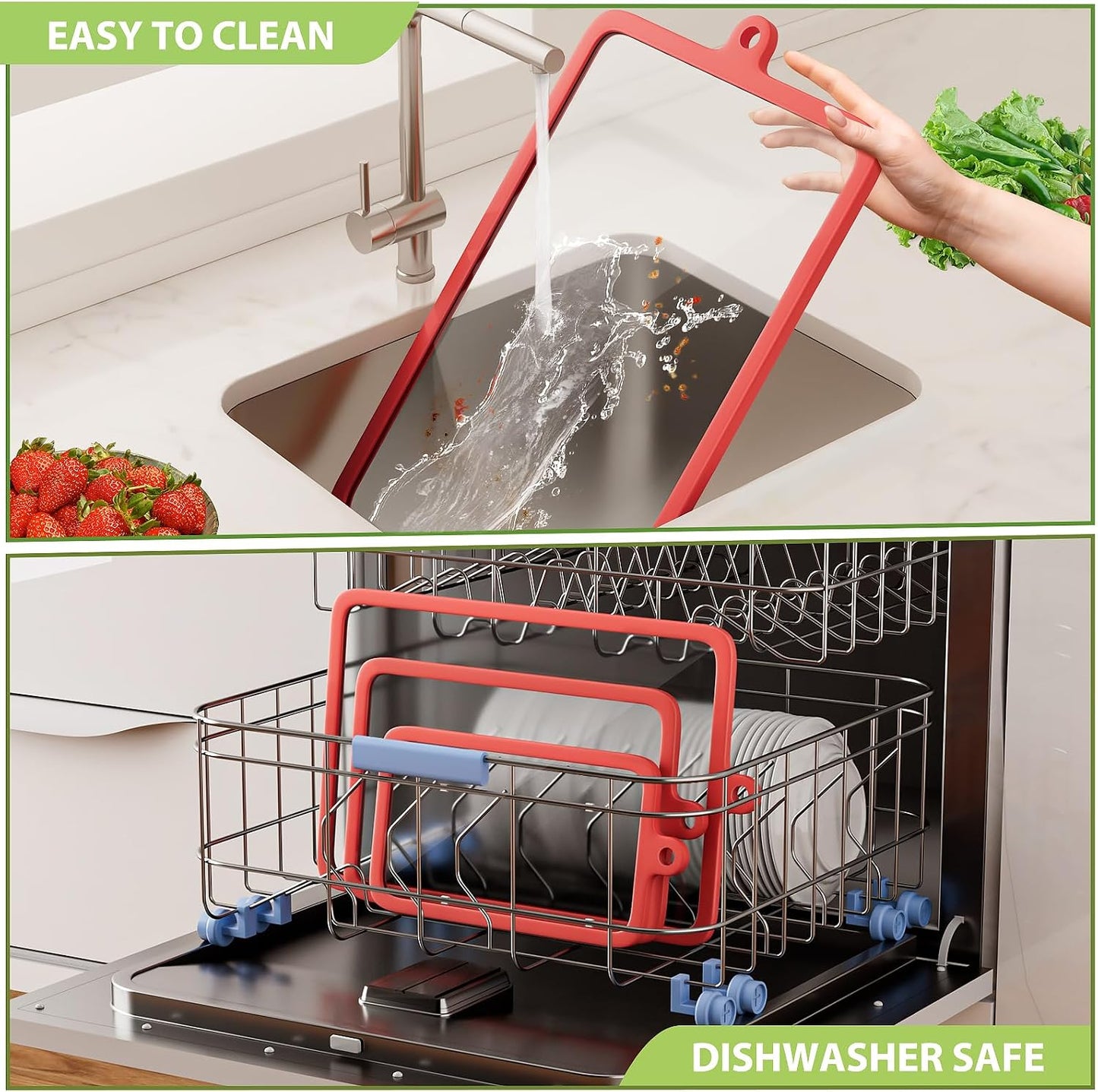 Freshmage 2Pcs Tempered Glass Cutting Boards for Kitchen, Glass Cutting Board Set (15"x10" & 12"x8") with Non-Slip Silicone Edges and Hanging Hole, Clear Cutting Board for Countertop & Chopping