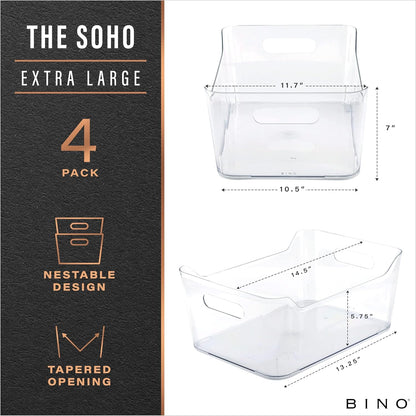 BINO | Plastic Organizer Bins, Large - 4 Pack | The SOHO Collection | Multi-Use | Pantry & Freezer Organizer Bins | Plastic Storage Containers for Home & Kitchen Org