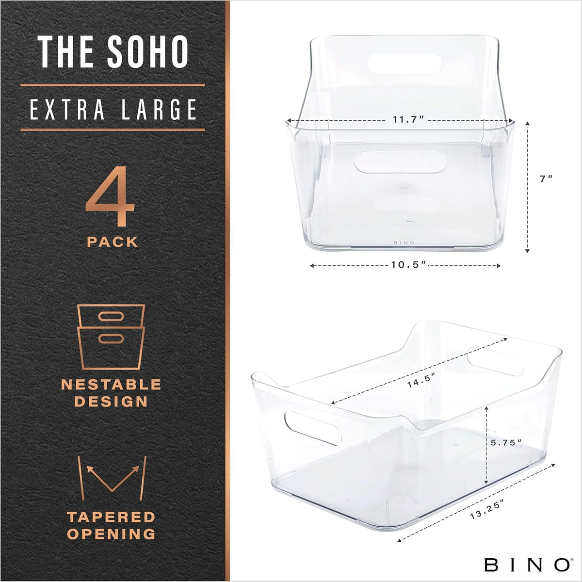 BINO | Plastic Organizer Bins, X-Small - 4 Pack | THE SOHO COLLECTION | Multi-Use Organizer Bins | Pantry & Freezer Bin | Plastic Storage Containers | Bin for Home & Kitchen Org