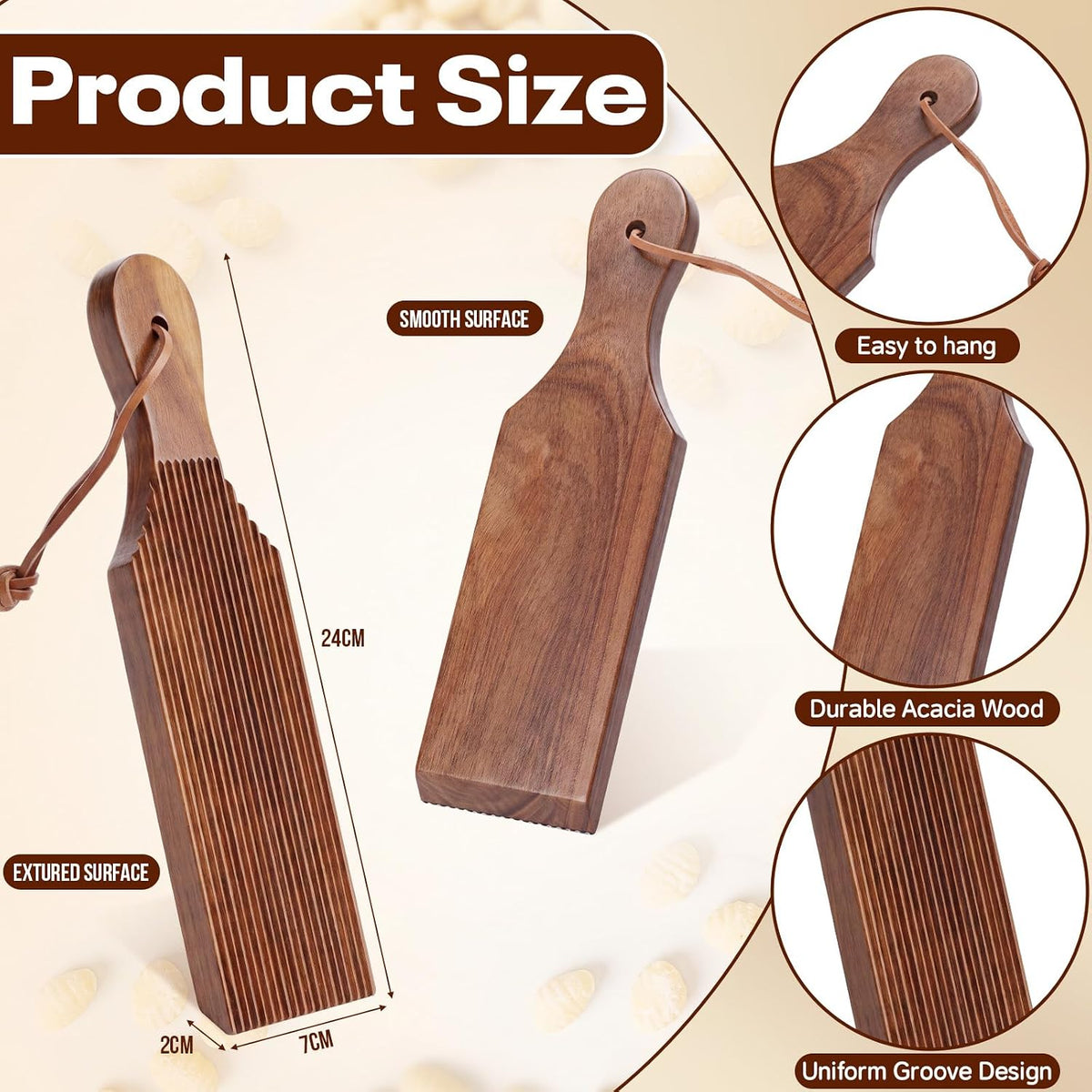 2 Pcs 9.4" Wood Gnocchi Board, Butter Paddle with Hanging Loop