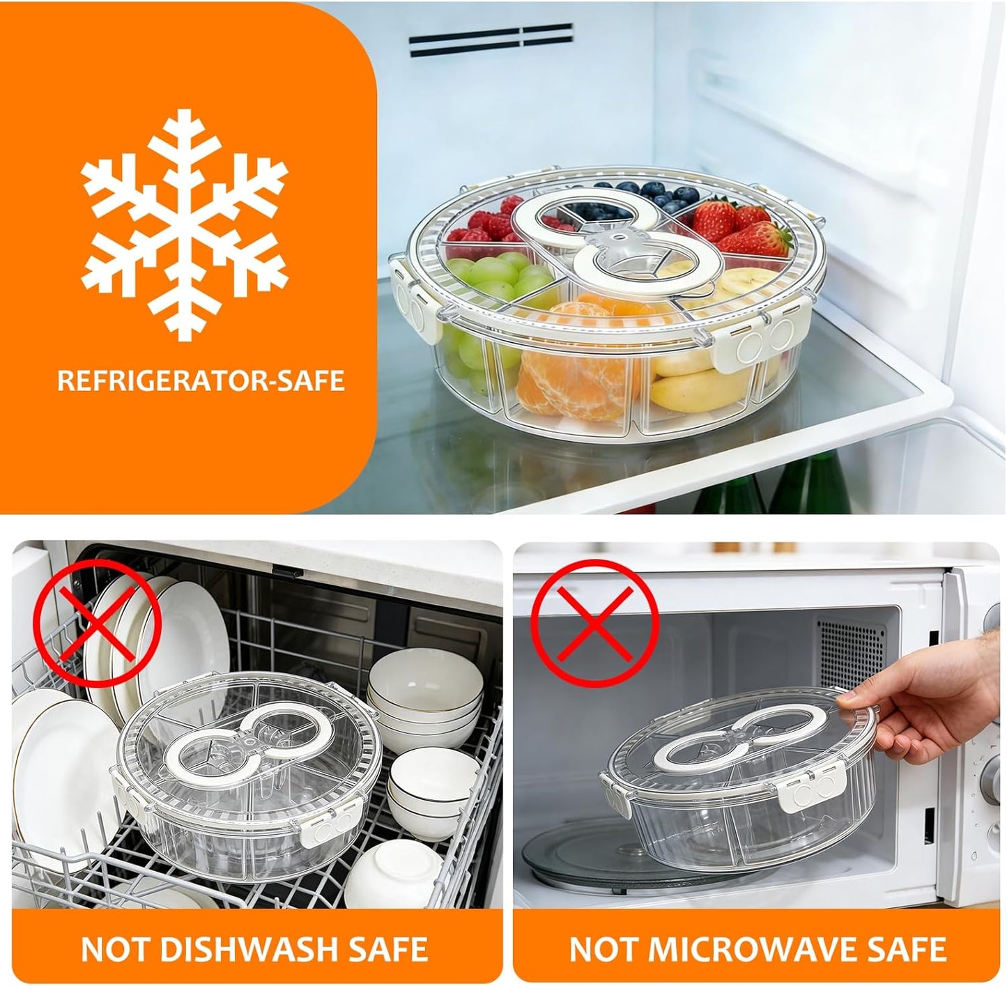 Rotating Divided Serving Tray with Lid & Handle, 6 Compartment Snack Box Container,Portable Snack Organizer for Fruits, Candy, Veggies – Ideal for Kitchen, Party, Travel, Picnic (1 Pack)