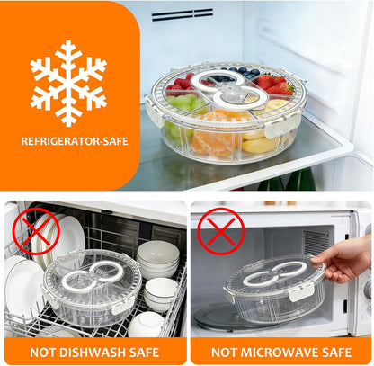 Rotating Divided Serving Tray with Lid & Handle, 6 Compartment Snack Box Container,Portable Snack Organizer for Fruits, Candy, Veggies – Ideal for Kitchen, Party, Travel, Picnic (1 Pack)