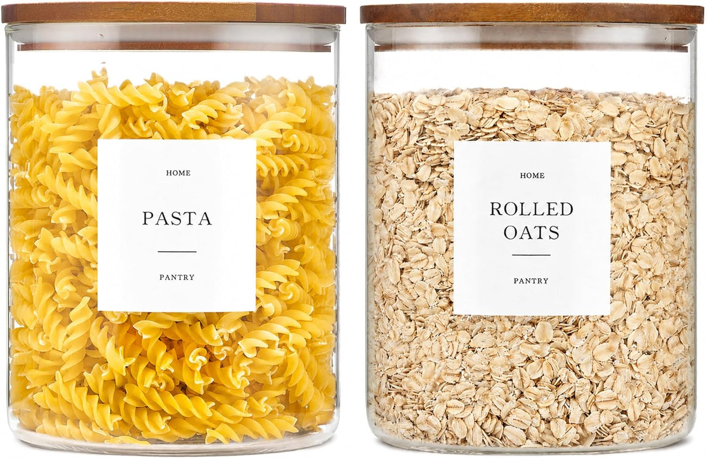 2 Pack Glass Rice Containers with Acacia Wood Lids, 70oz Airtight Flour and Sugar Jars with 105 Labels, Large Glass Pantry Storage Jars for Cereal, Protein Powder, Cookies, Dry Food