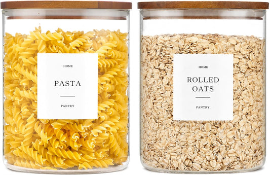 2 Pack Glass Rice Containers with Acacia Wood Lids, 70oz Airtight Flour and Sugar Jars with 105 Labels, Large Glass Pantry Storage Jars for Cereal, Protein Powder, Cookies, Dry Food