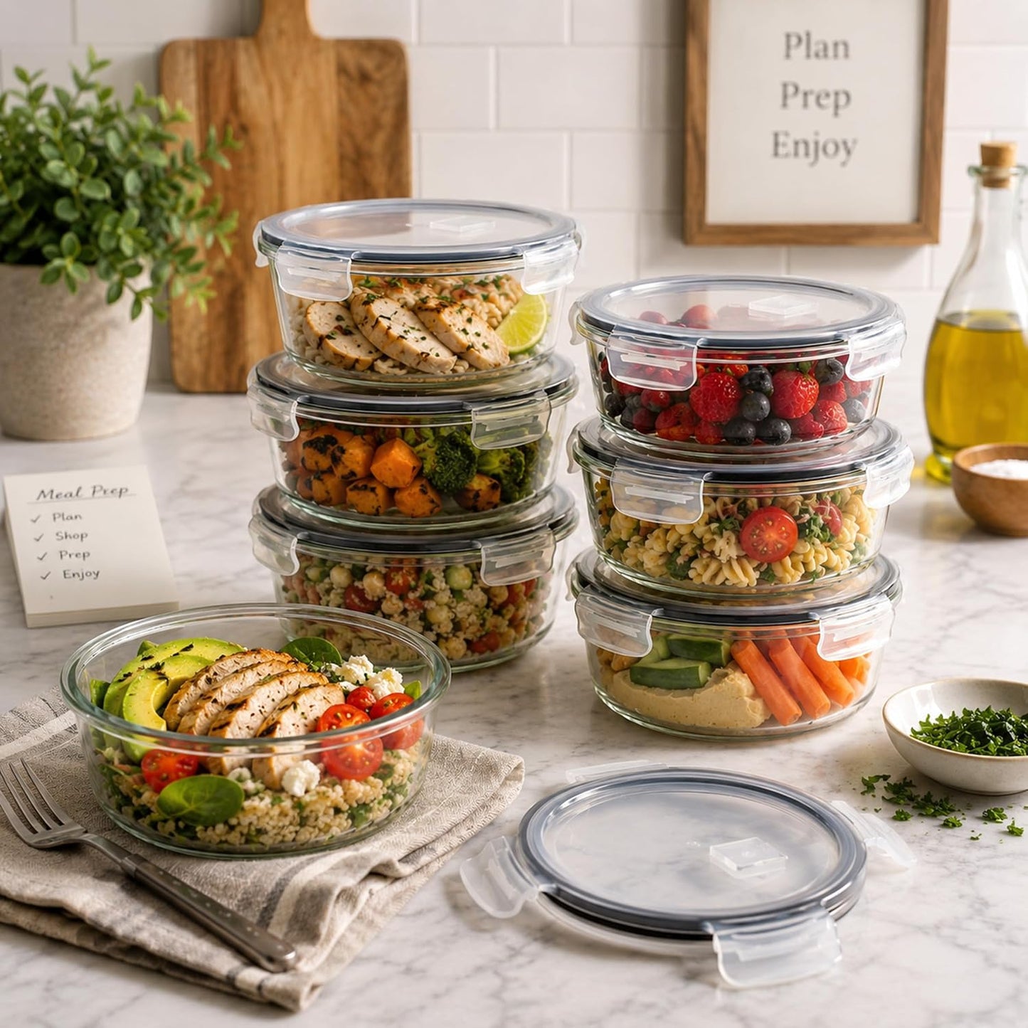 Sorbus Glass Meal Prep Containers Set – 8 Round 32oz Containers with Airtight Lids – Freezer, Dishwasher, Oven Safe – Reusable Food Storage Bowls