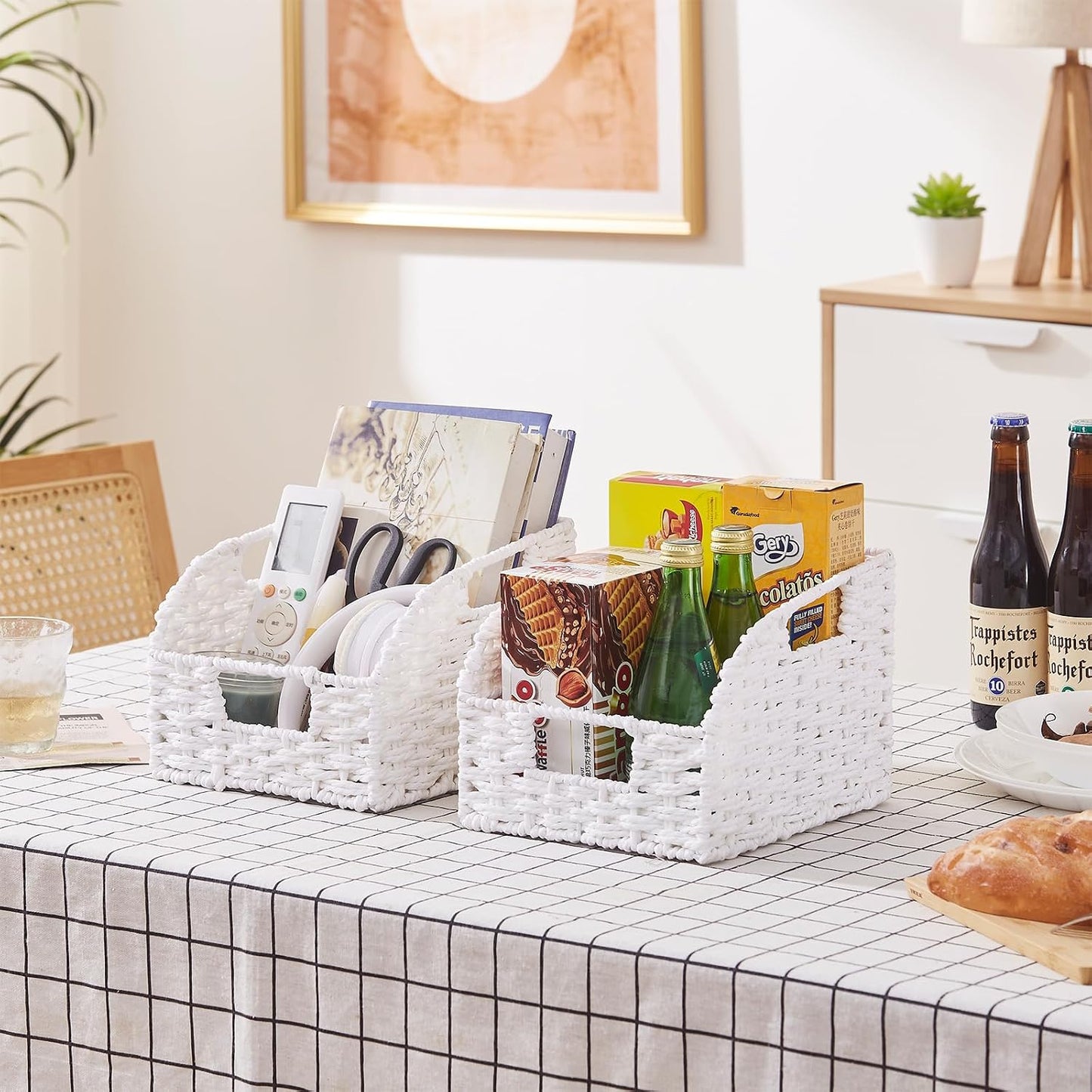 OIAHOMY Pantry Baskets for Organizing, Paper Rope Baskets with Built-in Handles, Wicker Storage Bins for Shelves, 2 Pack-Yellow