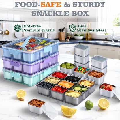 Snackle Box Container, Stainless Steel Snack Containers for Adults, 9 Compartments Divided Serving Tray with Lids and Handle, Portable Snack Platter for Parties, Grey