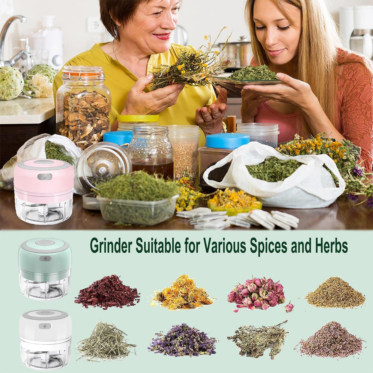 Electric Herb Grinder with Mini Scoop & Brush - 3.5-Inch 3.4oz USB Cordless, Adjustable Coarse to Fine Grind for Spices/Garlic/Herbs - Waterproof Portable Food Chopper (Green)