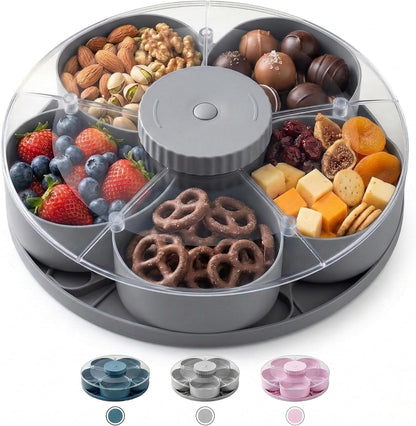 Multi-Compartment Rotating Snack Container with Clear Lid - Dust-Proof Divided Snack Tray for Parties & Picnics, Portable Lazy Susan Food Organizer, Covered Travel Snack Box (Blue)