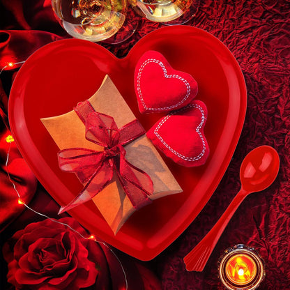 Layhit 38 Pieces Valentines Heart Shaped Plates Spoon Set Include 18 Pcs 10 Inch Valentines Day Heart Shaped Food Tray 20 Pcs Plastic Spoon Salad Dessert Plate for Party Supplies(Red)